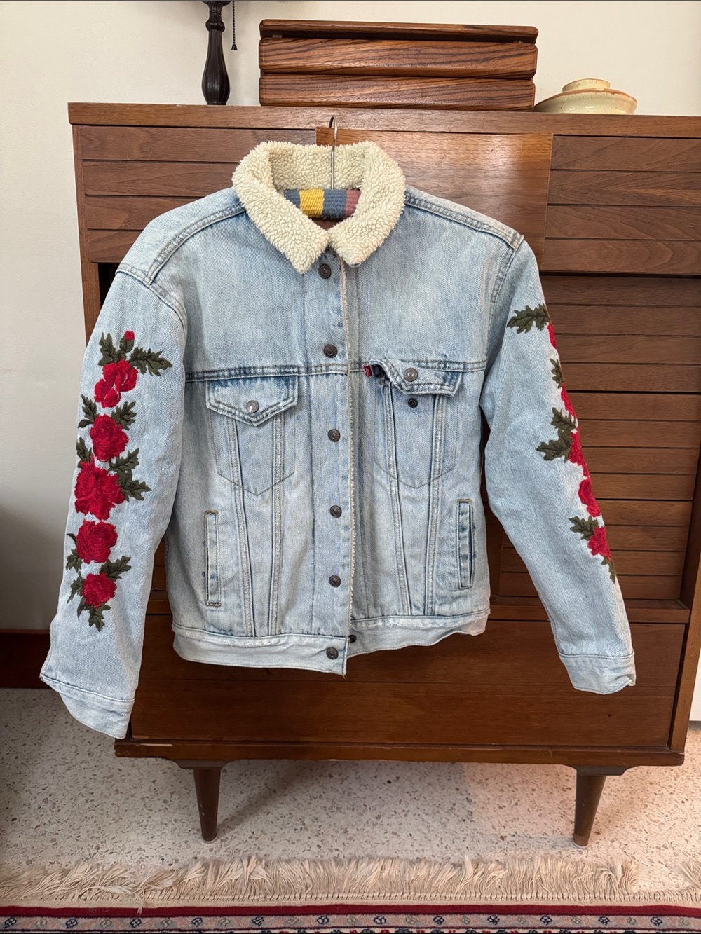 Levi's Light Blue Denim Sherpa Jacket with Red Rose Sleeve Embroidery